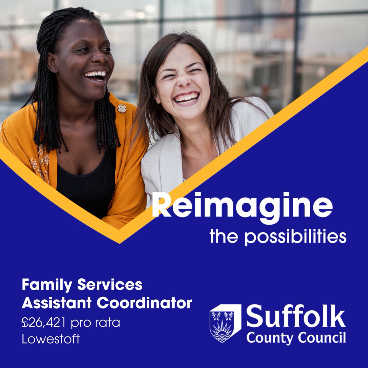 Family Services Assistant Coordinator
@suffolkcc - Lowestoft, NR33 0EQ / Hybrid 
£26,421 pa (pro rata if P/T) 
22.2 hpw, Flexible working options, Permanent  

For more info and to apply for this job, visit:
suffolkjobsdirect.org/#en/sites/CX_1…

#SuffolkJobs #suffolkjobsdirect