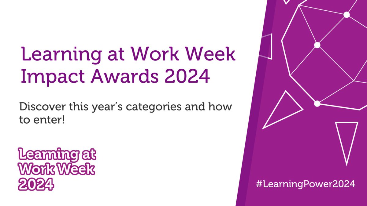 Check out the categories for the 2024 #LearningAtWorkWeek Impact Awards: bit.ly/3xtGEN3 🏆

You can read about last year's winners and commended organisations here: bit.ly/43UtTr0