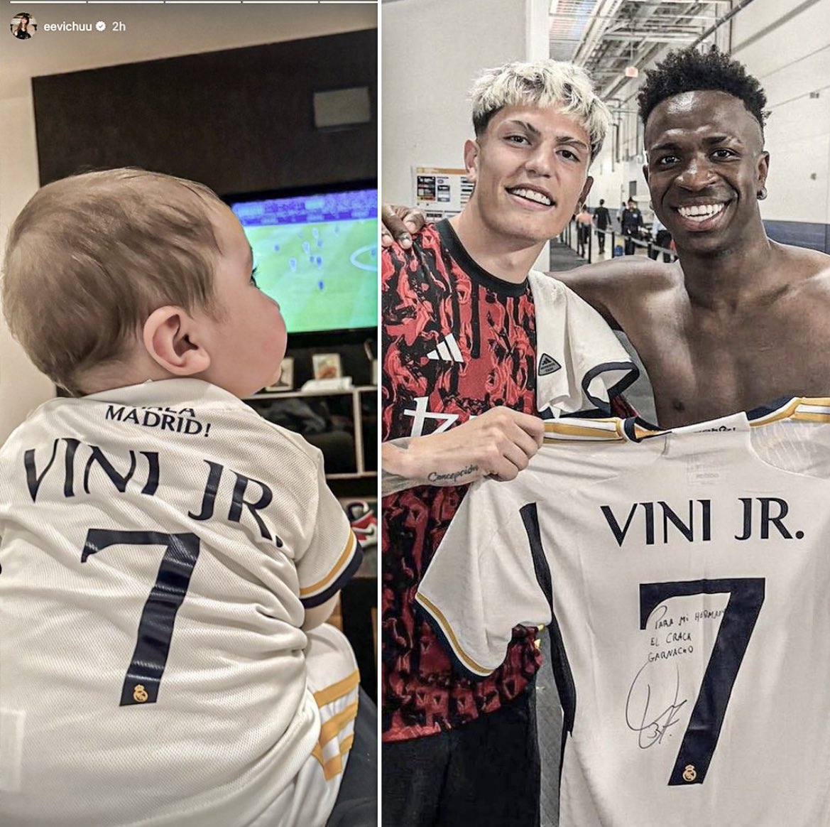 📸 - Alejandro Garnacho's son wearing a Vinicius Jr. shirt during Real Madrid's game. 

Class player supports another class player 🤝🏼