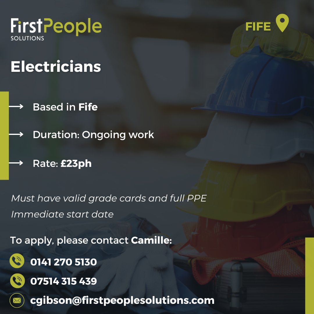 First People Solutions are in search of Electricians to work on a major project based in Fife🛠️ immediate start date For more information on how to apply, please get in touch with Camille Gibson: 📞: 0141 270 5130 📞: 07514315439 📧: cgibson@firstpeoplesolutions.com #HiringNow