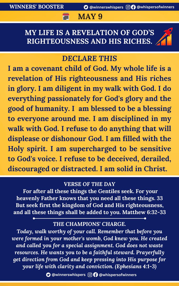 Declare this:

I am a covenant child of God. My whole life is a revelation of His righteousness and His riches in glory. I am diligent in my walk with God. I do everything passionately for God's glory and the good of humanity. I  am blessed to be a blessing to everyone around me.