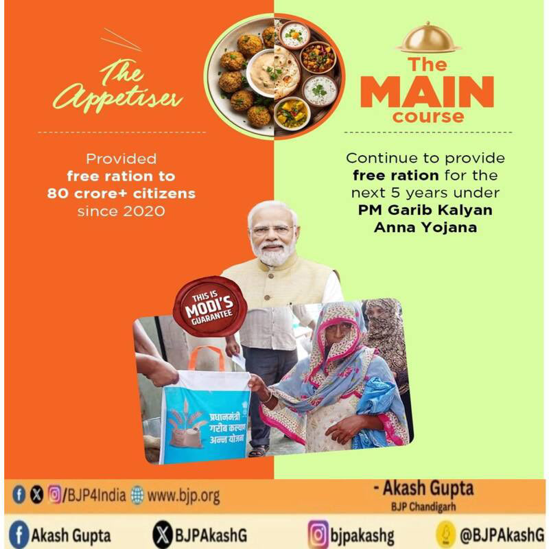 Free ration for the poor for the next 5 years under #PMGaribKalyanAnnaYojana...

Yes, the 'main course' awaits you! 

#PhirEkBaarModiSarkar🪷
#ModiHaiToMumkinHai🪷