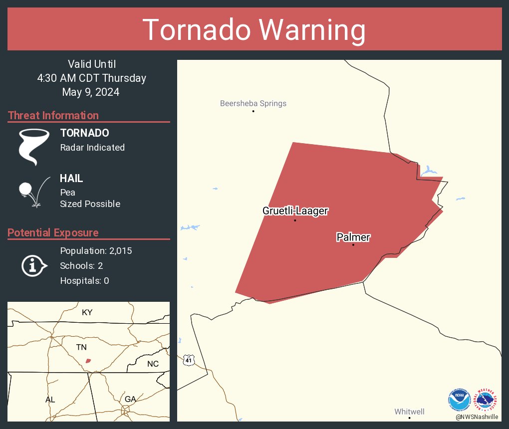 Tornado Warning including Gruetli-Laager TN and Palmer TN until 4:30 AM CDT