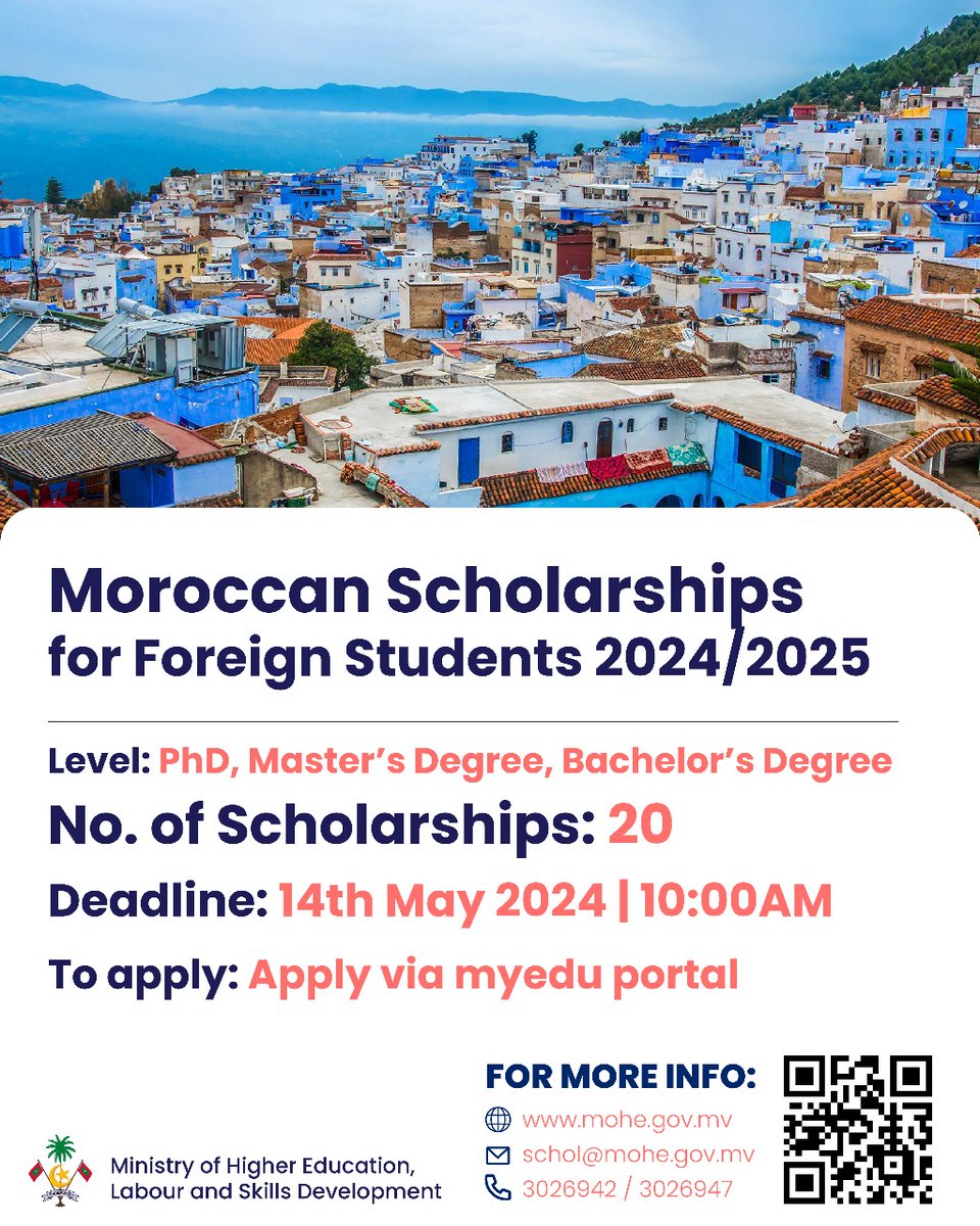 Moroccan scholarships are now open for PhD, Masters, and Bachelor's degrees for the 2024/2025 academic year. Don't miss this amazing opportunity to study in Morocco! Deadline for applications: May 14, 2024, 10:00 AM. Apply now! info: mohe.gov.mv