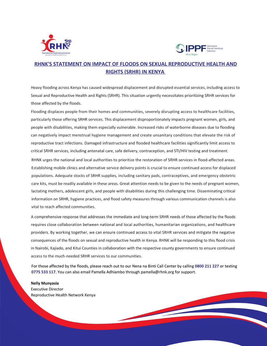 RHNK acknowledges the dire situation caused by flooding in Kenya, particularly its impact on access to SRHR services. 'Our hearts are heavy as we witness the devastating impact of the floods in Kenya, which are significantly affecting access to SRHR services. In times of crisis,
