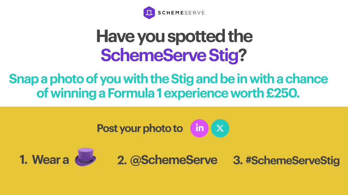 Yes, our very own SchemeServe Stig will be popping up around BIBA today and tomorrow! 🏎️👀

If you see him grab a top hat, get a selfie with you both and tag us in it. There’s a Formula 1 Experience Day up for grabs! 💪 #SchemeServeStig #Insurtech #Insurance #BIBA2024