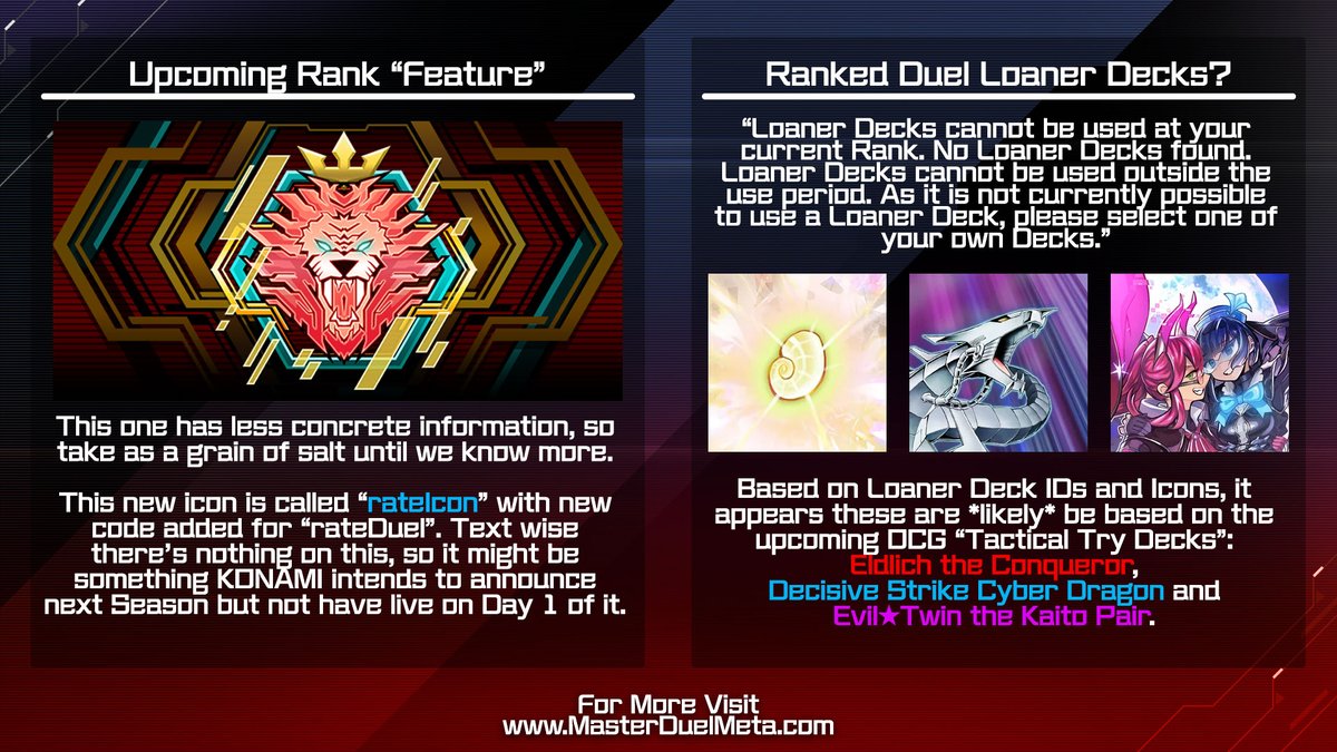DATAMINED LEAKS: Konami is seemingly planning to add new features to Ranked Duels, including Loaner Decks for new players & *potentially* something new post-Master Rank.. More Leaks: masterduelmeta.com/articles/news/… #MasterDuel #YuGiOh #YuGiOhMasterDuel #遊戯王マスターデュエル