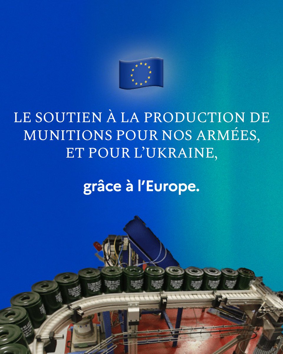 Grâce à l'Europe, nous réhaussons notre production de munitions, essentielle au réarmement de nos armées et à notre soutien à l'Ukraine. Sur les 500 millions d'euros du plan 🇪🇺 d'augmentation des capacités de production de munitions, 80 pour nos entreprises françaises.