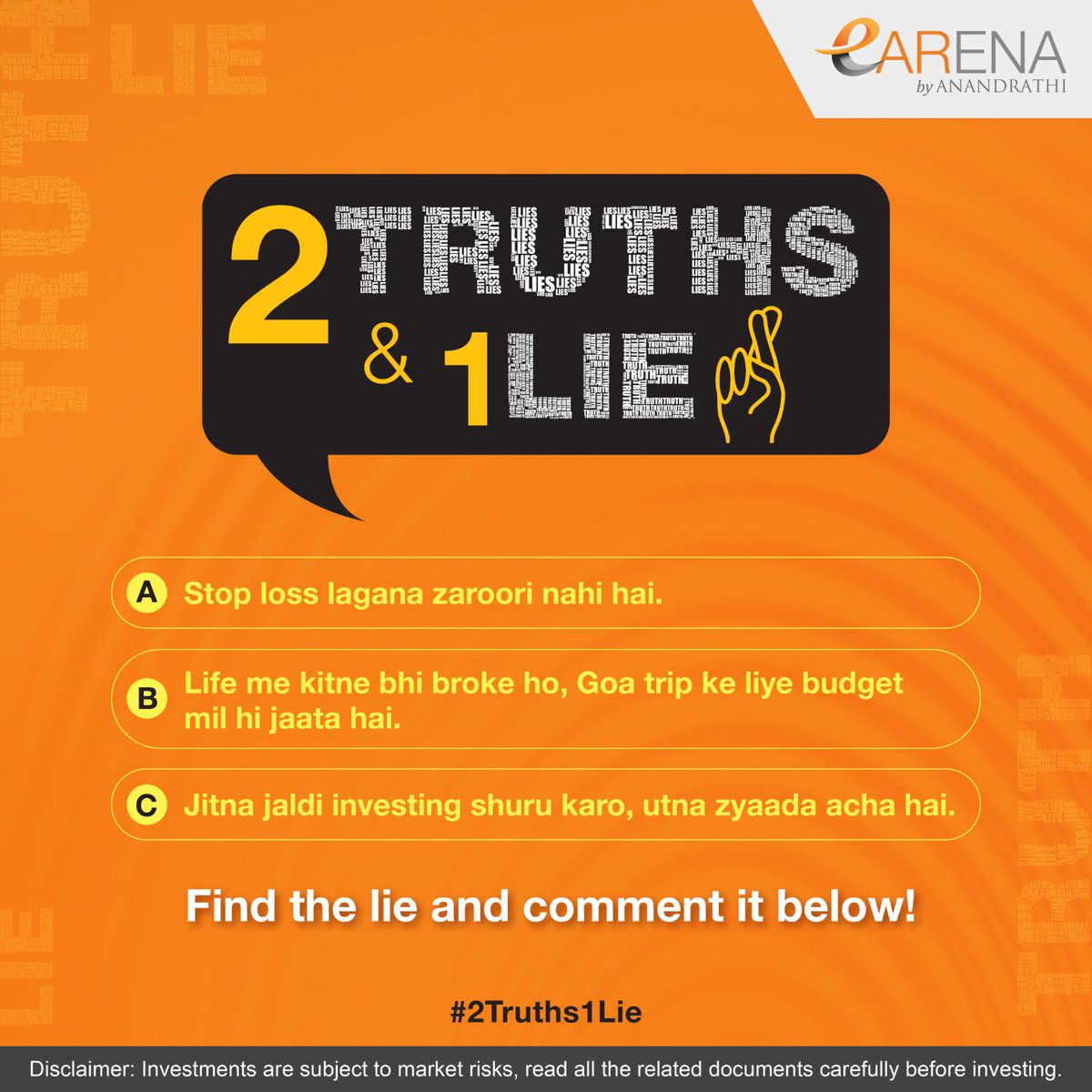 Let’s play #2Truths1Lie!! Comment with the lie that’s hiding between two truths above🤥

Hint: Goa trip aur investment plan kabhi delay nahi karte😜😜

#Goa #GoaTrip #GoGoaGone #investing #stoploss #twotruthsandalie #twotruthsonelie #game #eARENA #eARENAbyAnandRathi #AnandRathi