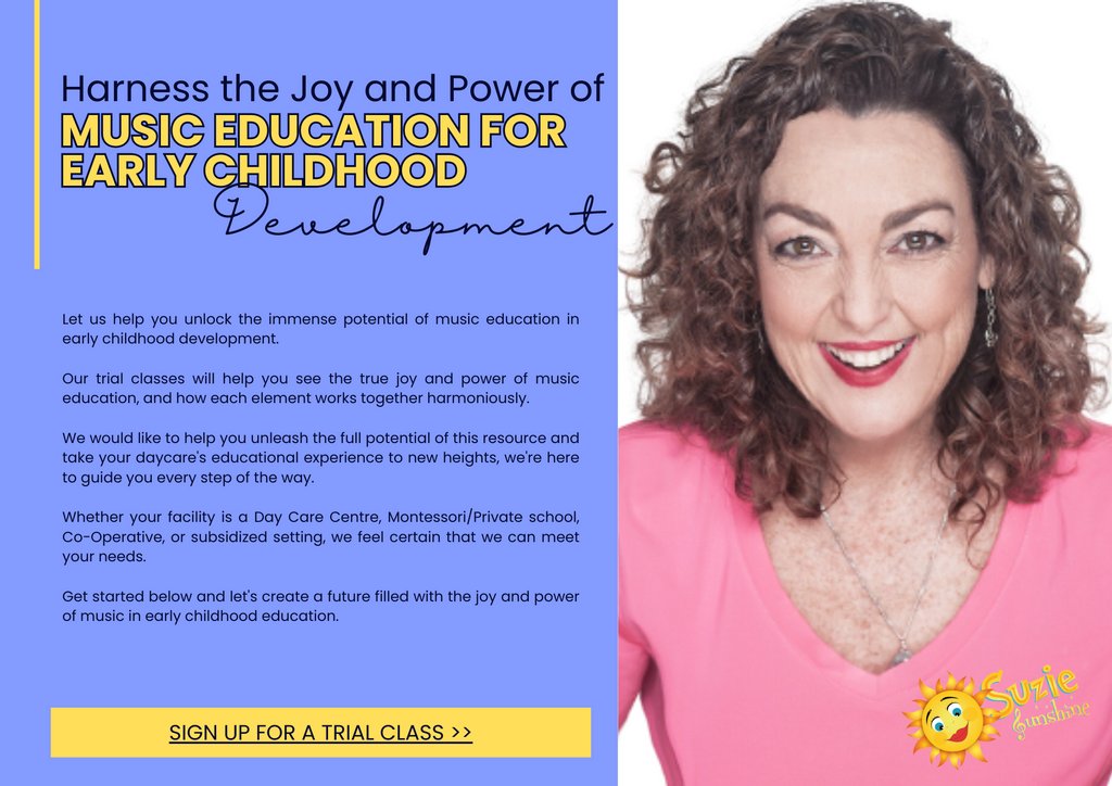 Let's create a future filled with the joy and power of music in early childhood education.

Click the link to sign up for a free trial.

Link: suziesunshine.ca/contact/ 

#SuzieSunshineMusic #JoyAndPower #MusicEducation #EarlyChildhoodDevelopment #StartThemYoung