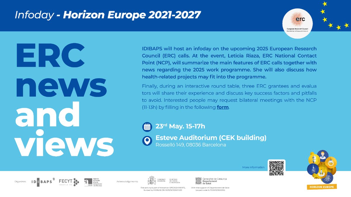 #IDIBAPS will host a regional #Infoday on the upcoming 2025 European Research Council (ERC) calls 🏢 Auditorium Esteve at Centre Esther Koplowitz 📅 23-May-2024 Registration Deadline: 1️⃣0️⃣ May 2024 More info and registration 👉 i.mtr.cool/wxcjnuhftv