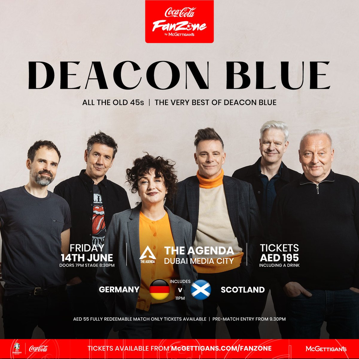 We’re excited to announce we’re coming back to Dubai! We’re playing The Agenda, Dubai Media City on Friday 14th June and tickets are on sale now here: mcgettigans.com/deaconblue And straight after the show, you can watch Scotland’s opening Euro 2024 match against Germany!