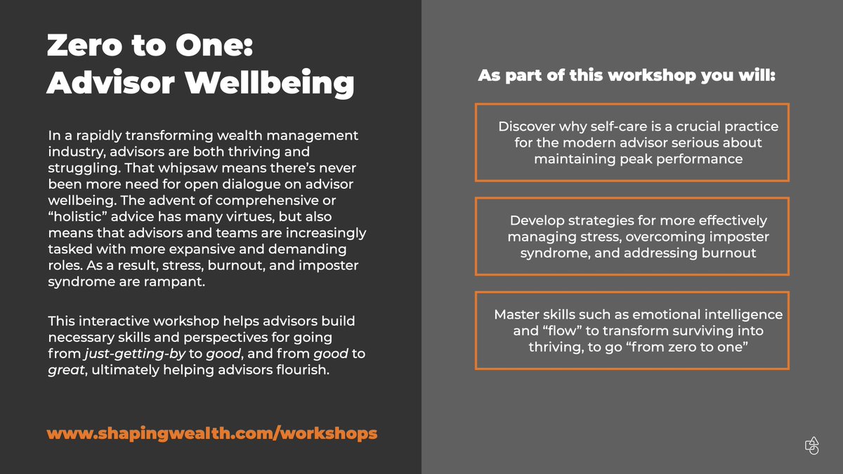 Finally, at @shapingwealth we are proud to have had the opportunity to engage with hundreds of advisors from around the world and help them find ways to flourish and thrive. If you want to find out more, reach out. Every valuable journey starts with an important first step. 8/