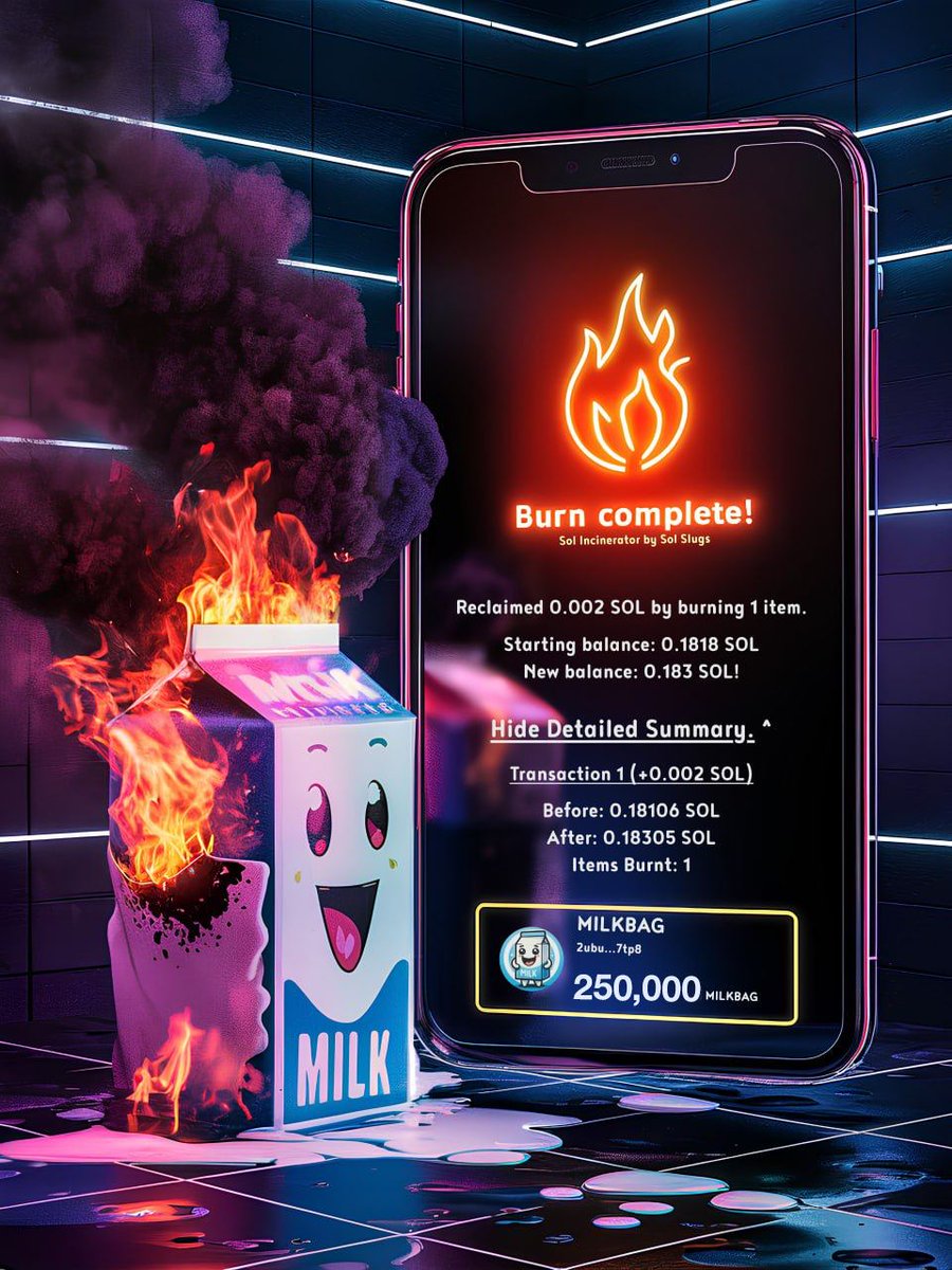 Burned another 250,000 #MILKBAG today!🥛🔥

Transaction:
solscan.io/tx/26opiPGNQAp…