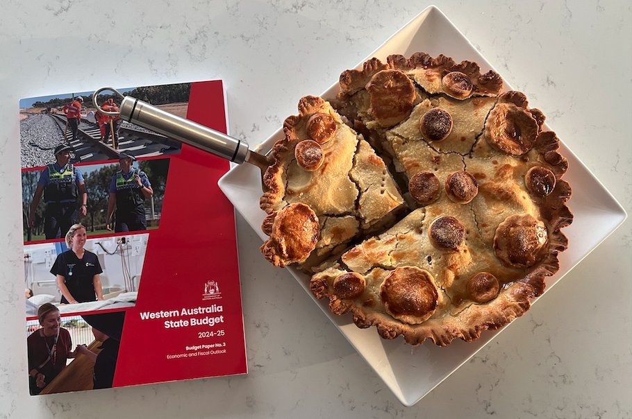 Budget Day Apple Pie, baked by CME's very own statistical guru Linh Nguyen. The first cut measures exactly 26.5% of the total pie - representing the proportion of general @WAGovernment revenue provided by WA's #mining and #resources sector through royalties. #auspol #wapol