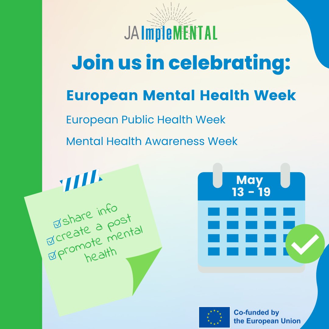 JA_ImpleMental's tweet photo. 📢 European Mental Health Week starts in only 3 days. You still have enough time to prepare and join us in celebrating it!
🗣 Join this year's initiative by creating a campaign, posting, sharing, commenting, or promoting mental health importance!

#ImpleMENTAL #HaDEA https://t.co/VYq5yryYxx