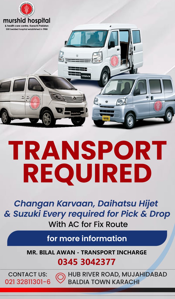 TRANSPORT REQUIRED
* Changan Karwan
* Daihatsu Hijet
* Suzuki Every
For fix route pick & drop with AC.