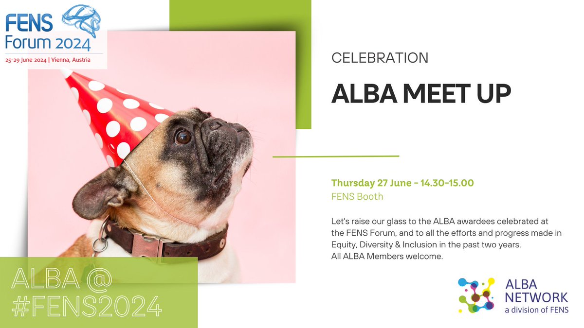 ALBA Network (@network_alba) on Twitter photo <a href="/FENSorg/">FENS</a> <a href="/AustrianNeuros1/">Austrian Neuroscience Association (ANA)</a> <a href="/IBROorg/">IBRO - International Brain Research Organization</a> 🥳 ALBA meet up at the FENS booth 🎪 #celebration
📆 27 Jun 14:30-15:00
Let's raise our glass to the ALBA awardees and to all the efforts and progress made in Equity, Diversity & Inclusion in the past two years.
All ALBA Members welcome. 🧵3/5 <a href="/FENSorg/">FENS</a> <a href="/AustrianNeuros1/">Austrian Neuroscience Association (ANA)</a> <a href="/IBROorg/">IBRO - International Brain Research Organization</a> 🥳 ALBA meet up at the FENS booth 🎪 #celebration
📆 27 Jun 14:30-15:00
Let's raise our glass to the ALBA awardees and to all the efforts and progress made in Equity, Diversity & Inclusion in the past two years.
All ALBA Members welcome. 🧵3/5