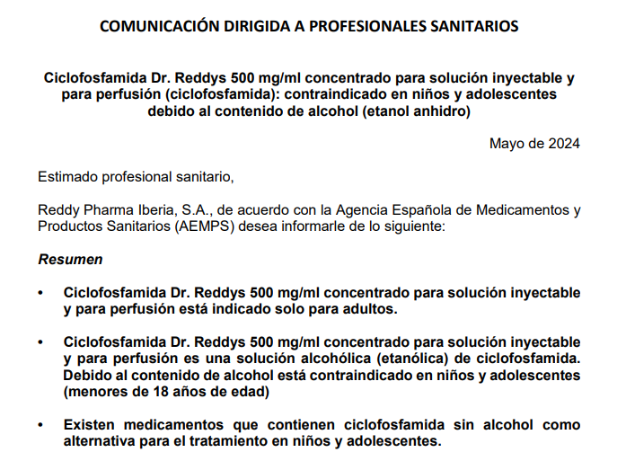 sefh_'s tweet photo. ⛔️👦Ciclofosfamida Dr. Reddys 500 mg/ml solución iny 👉Debido al contenido de alcohol está contraindicado en niños y adolescentes

▪️Usar solo en adultos
▪️Existen alternativas de ciclofosfamida sin etanol para los menores de 18 años
https://t.co/xBTp0qJp2P https://t.co/PNtWT97ltb