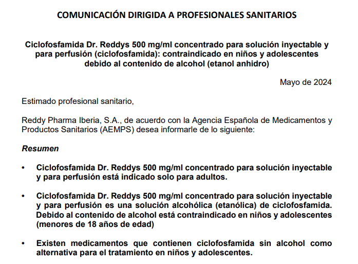 ⛔️👦Ciclofosfamida Dr. Reddys 500 mg/ml solución iny 👉Debido al contenido de alcohol está contraindicado en niños y adolescentes ▪️Usar solo en adultos ▪️Existen alternativas de ciclofosfamida sin etanol para los menores de 18 años docswebaemps.aemps.es/PDF/DHPC_Ciclo…