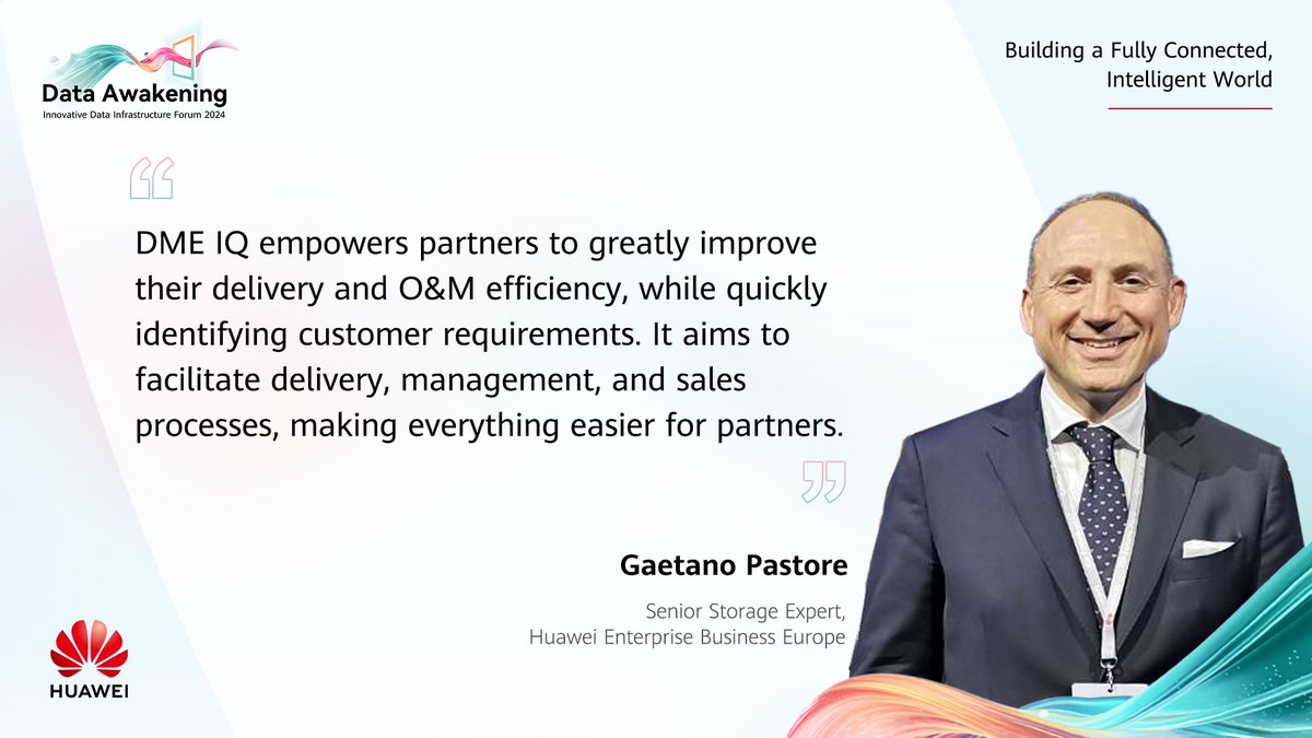 HuaweiEnt's tweet image. At the Huawei IDI Forum, Gaetano Pastore, Senior Storage Expert of Huawei Enterprise Business Europe, elaborates on how DME IQ can optimize our partners&apos; business operations. Discover more #HuaweiStorage #DataAwakening: bit.ly/43iV4vv