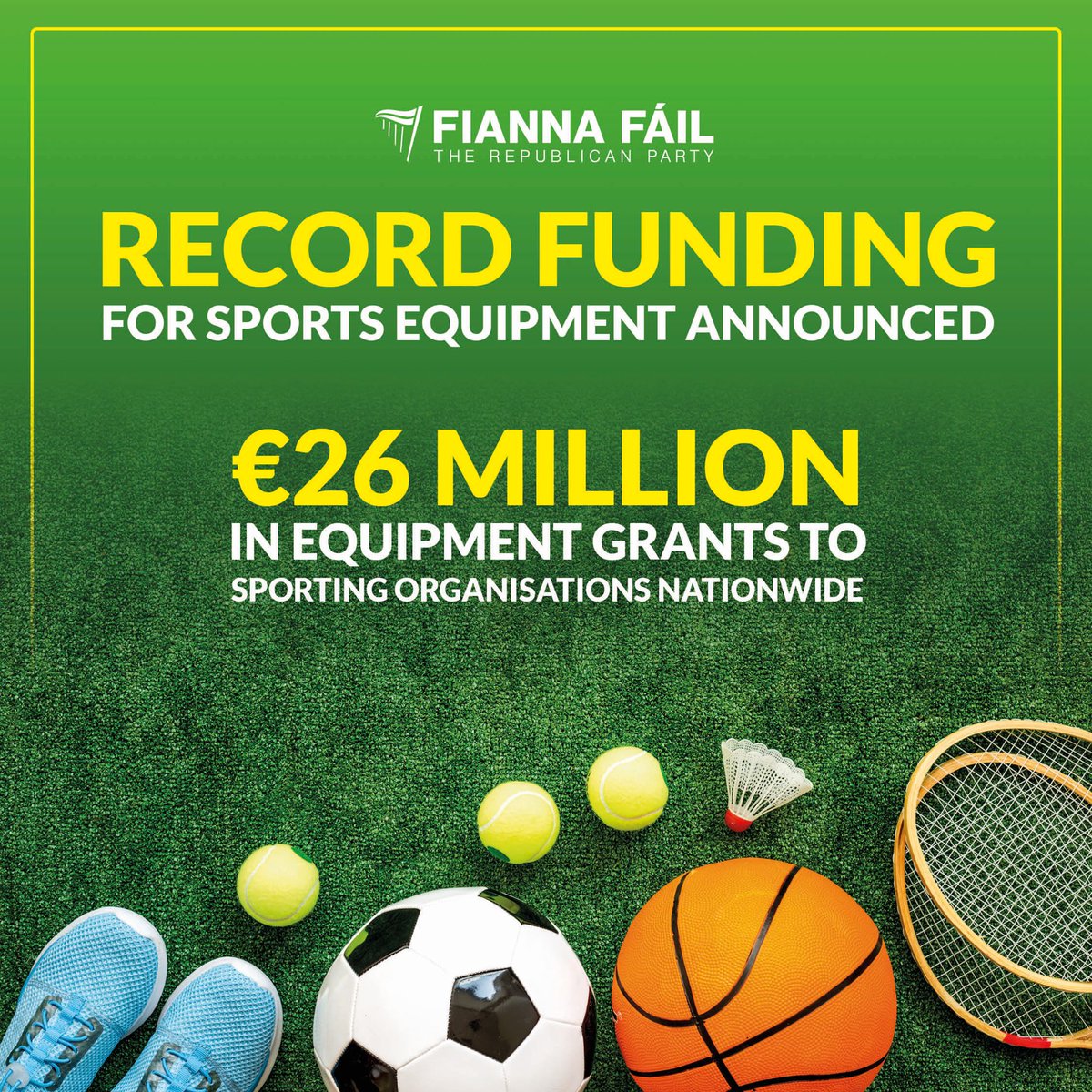 🚨Record Funding for Sports Equipment 🏀🏑⛹‍♂ Minister @ThomasByrneTD announces over €26m in equipment grants to 900 sporting organisations nationwide. Fianna Fáil is committed to supporting communities, athletes and sports clubs all over the country.