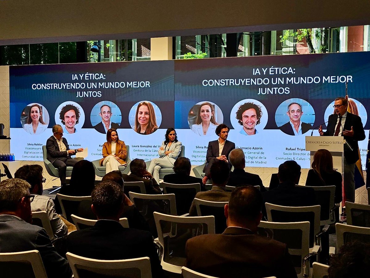 Cremades&CalvoSotelo (@cremadescsotelo) on Twitter photo Jornada sobre #IA y #Ética: construyendo un mundo mejor juntos. Participan: <a href="/silrolfer/">Silvia Roldan</a>, Viceconsejera de Digitalización de la <a href="/ComunidadMadrid/">Comunidad de Madrid</a>; Ignacio Azorín, Dir. General de Estrategia Digital; Laura Gonz del Viso, Gestora de la Cátedra de IA; Rafael Tripero, Socio del Despacho Jornada sobre #IA y #Ética: construyendo un mundo mejor juntos. Participan: <a href="/silrolfer/">Silvia Roldan</a>, Viceconsejera de Digitalización de la <a href="/ComunidadMadrid/">Comunidad de Madrid</a>; Ignacio Azorín, Dir. General de Estrategia Digital; Laura Gonz del Viso, Gestora de la Cátedra de IA; Rafael Tripero, Socio del Despacho