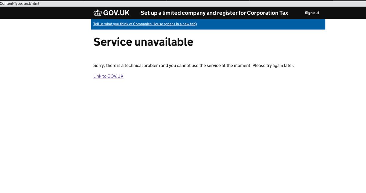 @CompaniesHouse had this appear for the last 12 hours trying to setup a new company.