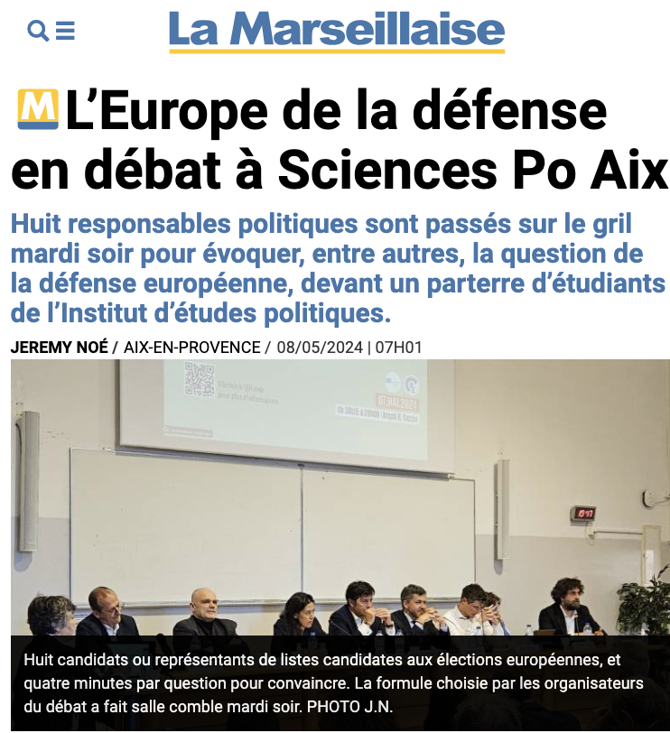 #Européennes2024 🗳️ | A @Sciences_Po_Aix, notre colistier 🇫🇷-🇩🇪 @SvenFranck de @volt_france a débattu, entre autres, sur l'Europe de la Défense. 

Nous proposons un pilier 🇪🇺 de l'OTAN, des achats d'armements en commun et une stratégie #cyberdéfense.

lamarseillaise.fr/politique/l-eu…