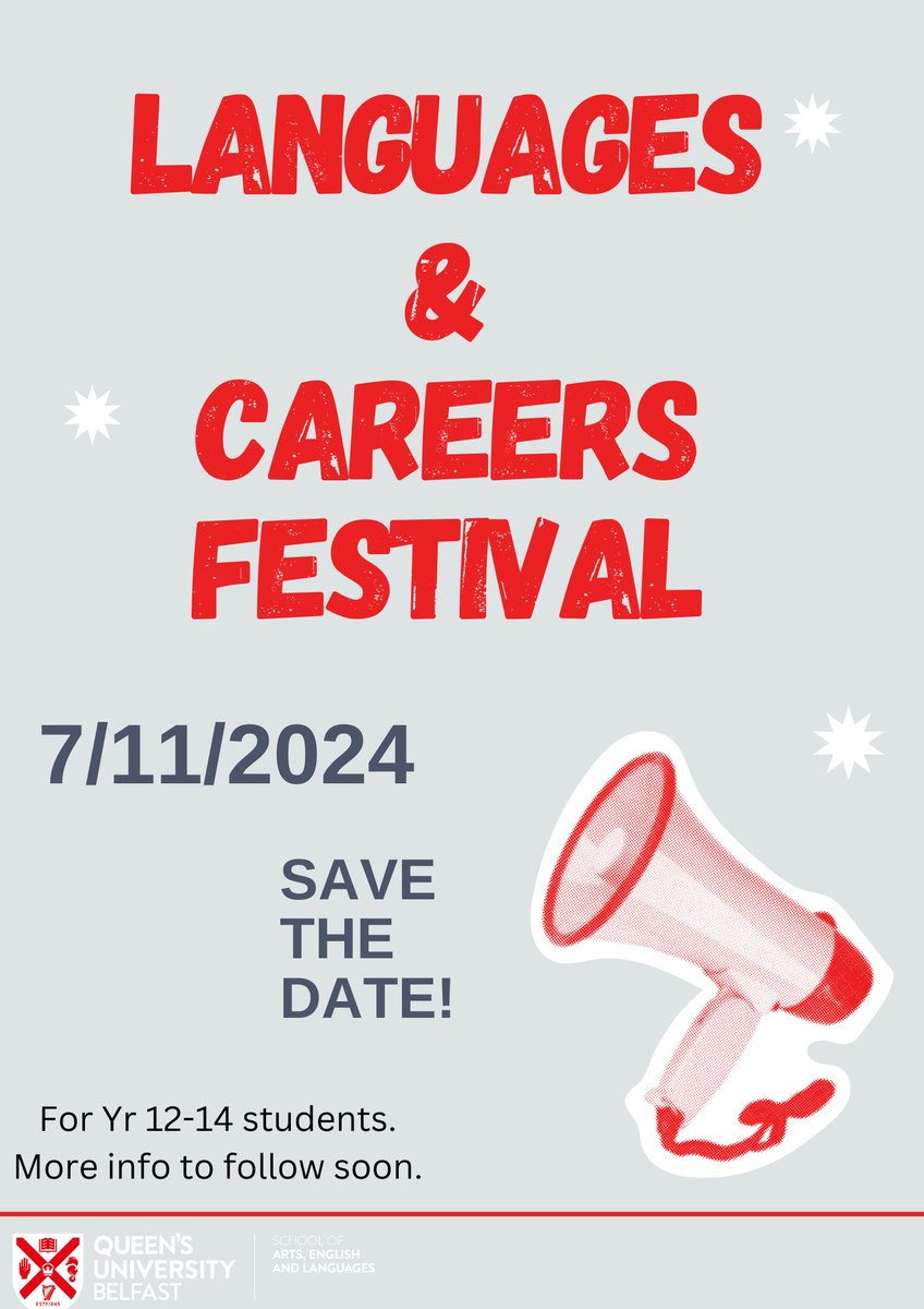 Students and teachers - save the date! We will be holding a Languages and Careers Festival for years 12-14 @QUBelfast on the 7 November. More info to follow soon. Any questions, contact Dr Fiona Clark: f.clark@qub.ac.uk. @NICILT @qub_ael @LanguagesCon @Routesintolangs