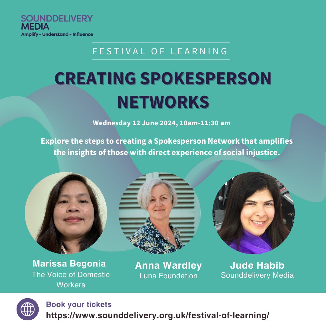 Join us for a Festival of Learning masterclass on Creating Spokesperson Networks! Learn from @thevoiceofdws founder @marissadb1225, @annawardley, founder of @teamlunaorg and @sounddelivery's very own @JudeHabib. #SDMFOL sounddelivery.org.uk/festival-of-le…