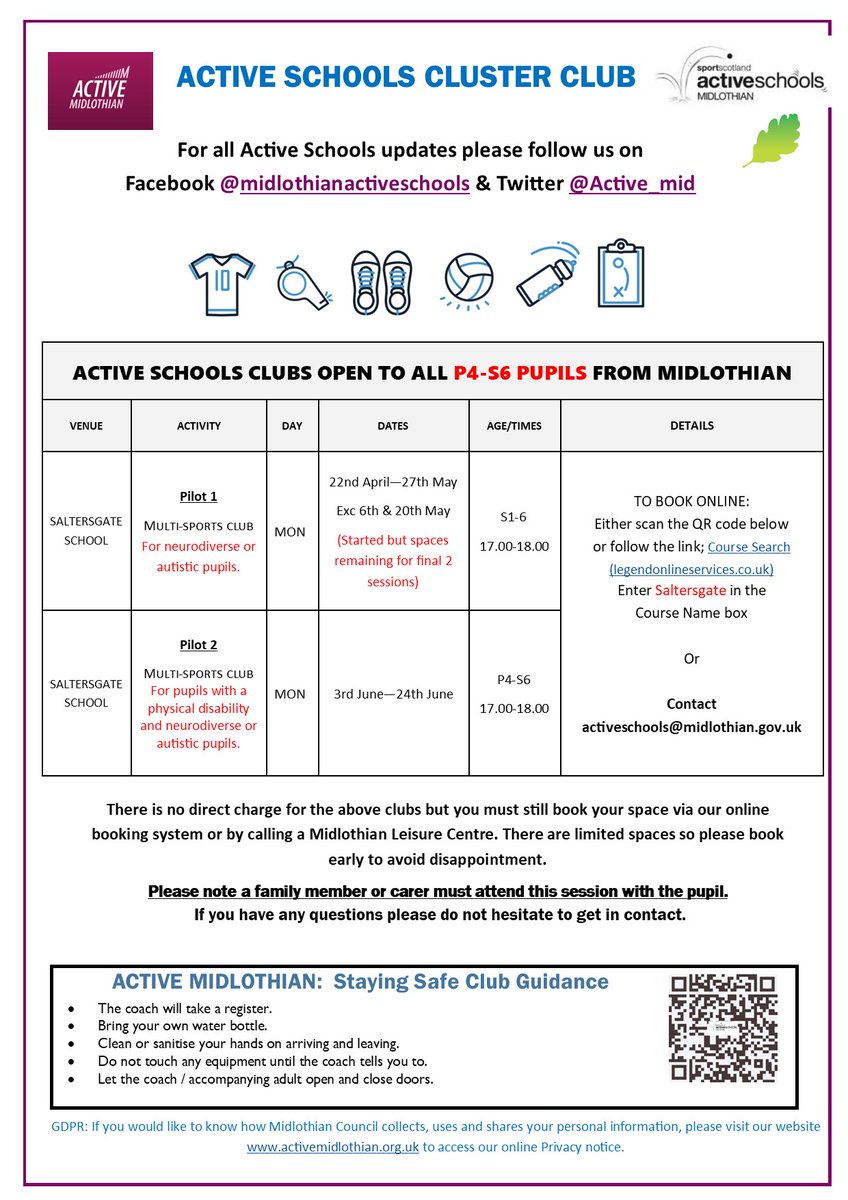 MULTI SPORTS CLUB @ SALTERSGATE We're excited to be launching 2 new Multi Sports clubs for P4 - S6 pupils🤩 These are for neurodiverse or autistic pupils & also those with a physical disability A great opportunity to try out some sports & hopefully find something you love😃