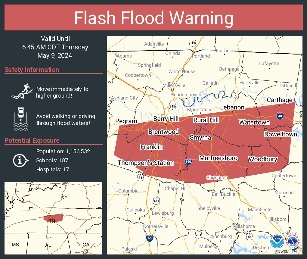 Flash Flood Warning continues for Murfreesboro TN, Franklin TN and Smyrna TN until 6:45 AM CDT