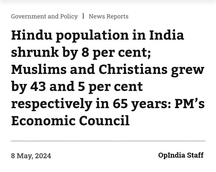 Horrifying data released by PMs office.. Hindu population has shrunk by nearly 8% while Muslim population has grown by a massive 43% And Christian population grew by 5 % For the last 10 yrs Modi govt did not do NRC even when part of 2019 manifesto, did not to Population census…