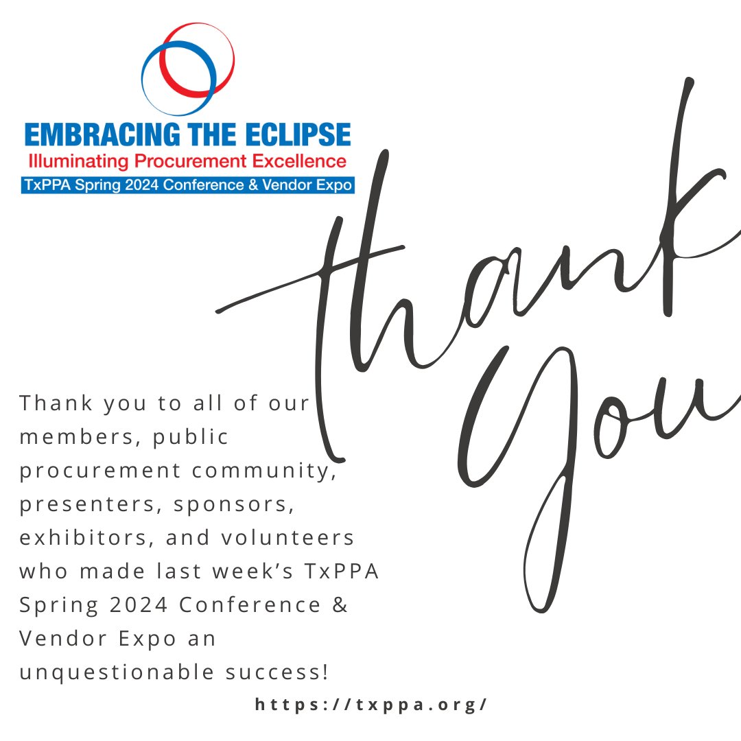 🌟 A huge thank you to everyone who contributed to the success of the TxPPA Spring 2024 Conference & Vendor Expo! Your dedication shines bright in our community. Here's to another successful gathering! 🎉 #TxPPA2024 #PublicProcurement #SuccessTogether