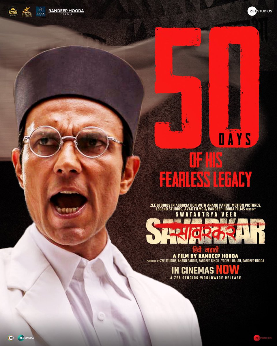 50 Days of Rewriting His Story! 50 Days of Revolution and Counting! Catch the unmissable story of India's Most Influential Revolutionary #SwatantryaVeerSavarkar running successfully in cinemas. Book your tickets! 🔗 - linktr.ee/swatantryaveer… #VeerSavarkarInCinemasNow…