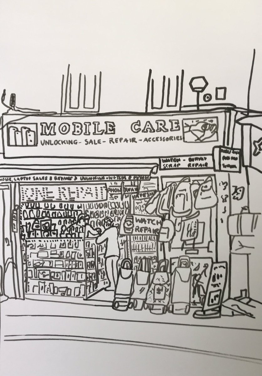 Today’s #sketch from the 29/4/24 of #Landmarks & #Icons is Mobile Care on  #RyeLane #Peckham #London #SE15
#Acrylic #Ink #Marker #Pen on paper + #Drawing 

More sketches
instagram.com/frankkiely/
