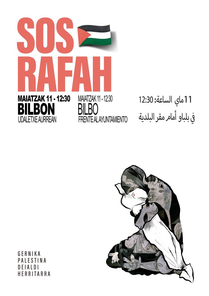 🇵🇸 Palestinatik SOS! 𝔹𝕚𝕝𝕓𝕠𝕟, udaletxe aurrean Rafahen bizi den egoerak premiazko erantzuna eskatzen du. Elkartasuna herrien arteko samurtasuna da. #StopGazaGenocideNOW