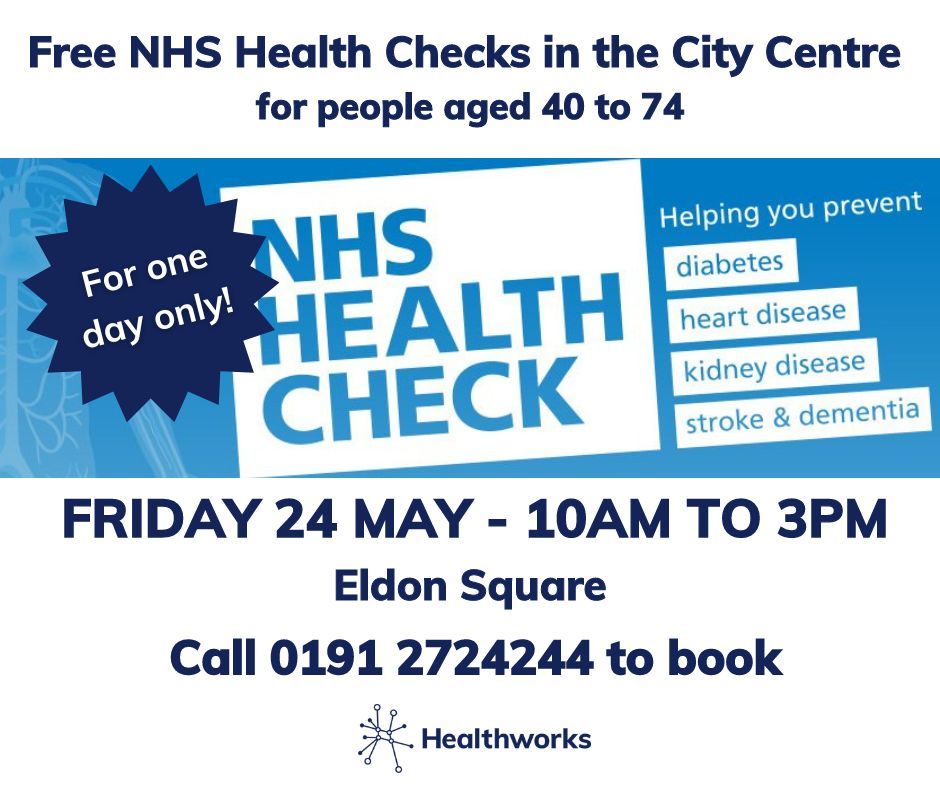 Our team will be in Eldon Square offering free NHS Health Checks while people shop! The NHS Health Check is free to anybody aged 40 to 74, although people with certain pre-existing health conditions may not be eligible. Book your free NHS Health Check on 0191 272 4244