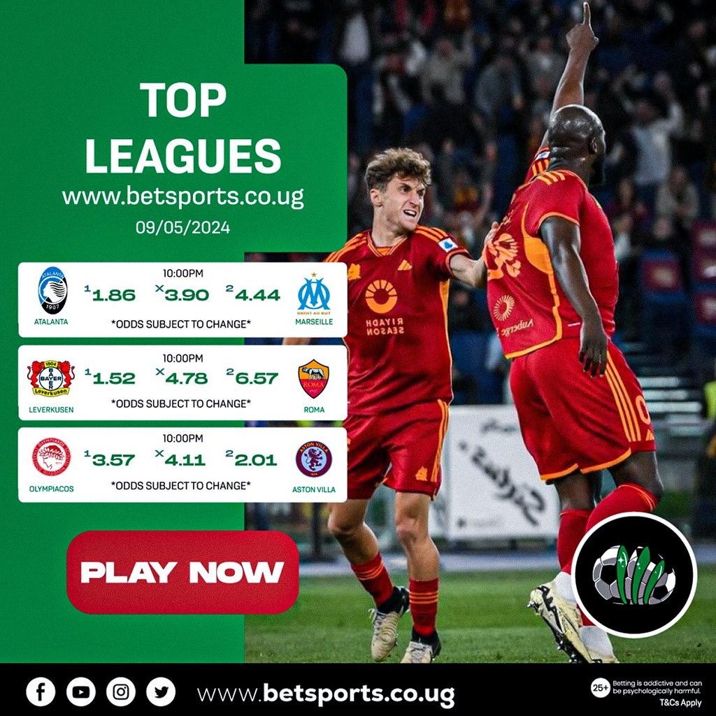 ⚽ Enjoy the #TOPLeagues thrill at betsports.ug 🎉 Join now for a 100% first deposit bonus, up to UGX 150k for new members 💸 Get a stake-back bonus if your 7-fold ACCA misses by just 1 game! 🚀 Plus, enjoy a 50% Winning Boost. #Leverkusen #Roma #AstonVilla