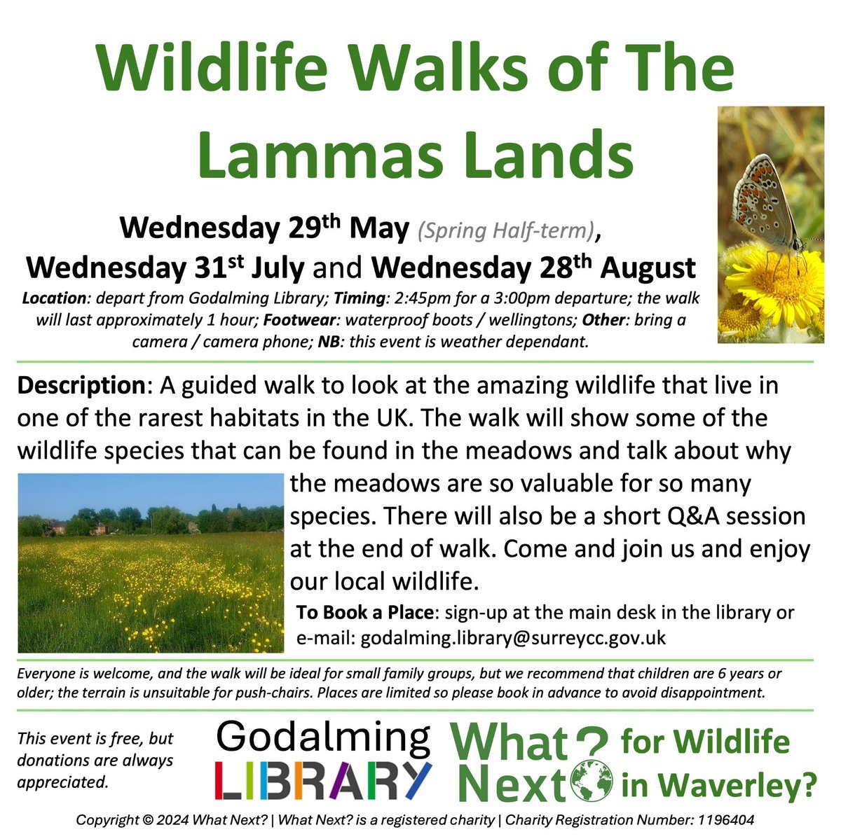 Join What Next? for a wildlife walk around the Lammas Lands this half-term and learn all about the wildlife! For all ages 6+ Book in the library or email us at Godalming.Library@surreycc.gov.uk @SurreyLibraries