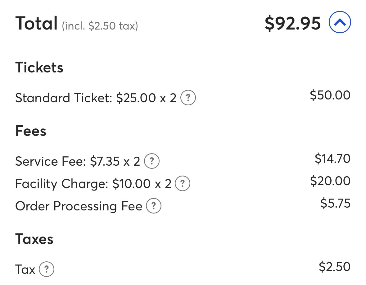 excuse me ticketmaster but this is insane! $50 for 2 tickets is very reasonable, but another almost $50 in fees is not!! no way!!