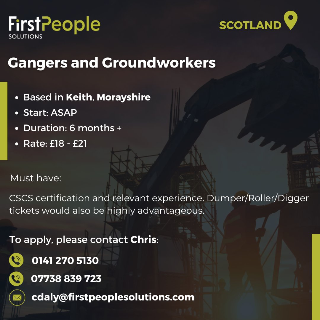 First People Solutions are in search of Gangers and Groundworkers for a project in Keith, Morayshire 🛠️ To apply, please get in touch with Chris Daly: 📞: 0141 270 5130 📞: 07738 839 723 📧: cdaly@firstpeoplesolutions.com #firstpeoplesolutions #HiringNow #GangerJobs #Scotland