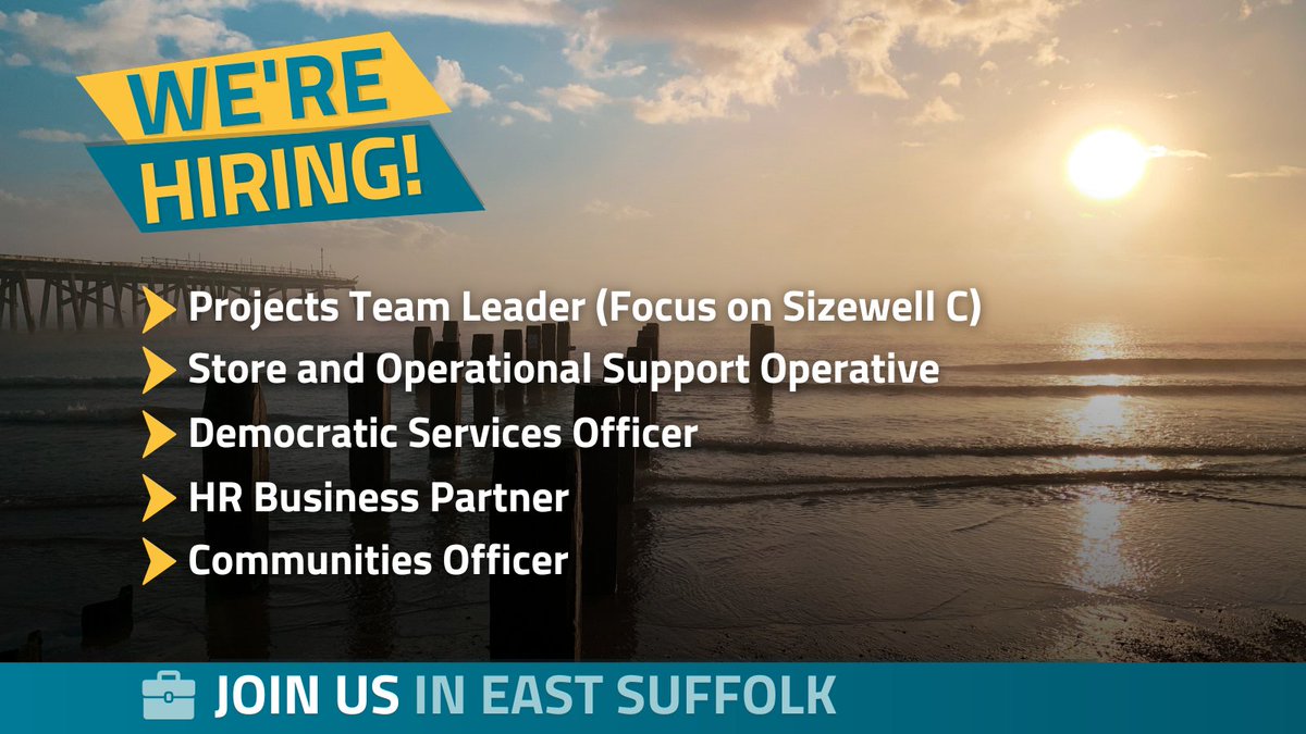 We have five new opportunities to join our team. - Projects Team Leader - Store and Operational Support Operative - Democratic Services Officer - HR Business Partner - Communities Officer To find out more and apply, visit our website: bit.ly/3lC5swo #JoinEastSuffolk
