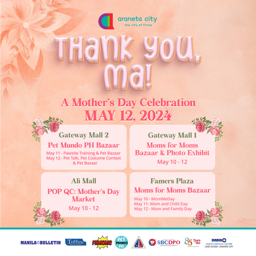 Their unconditional love deserves a sweet treat this Mother's Day! It's now time to say 'Thank you, Ma!' and celebrate this special day in Araneta City. Come and join these festivities at the #CityOfFirsts and celebrate #MothersDay like no other. #AranetaCity #ThankYouMa