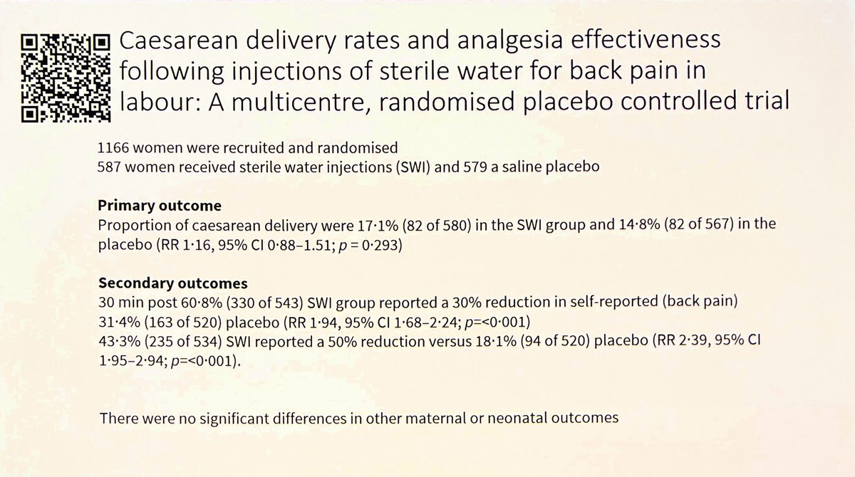 @Jamesocarroll @NICEComms Where did sterile water injections come from? RCT sterile water vs saline injection. No significant effect on cesarean rate (no surprise). NB self reported reduction in BACK PAIN - and considering patient blinding incomplete as SWI burns more than NS, ?accuracy. #OAA24ASM #OBAnes