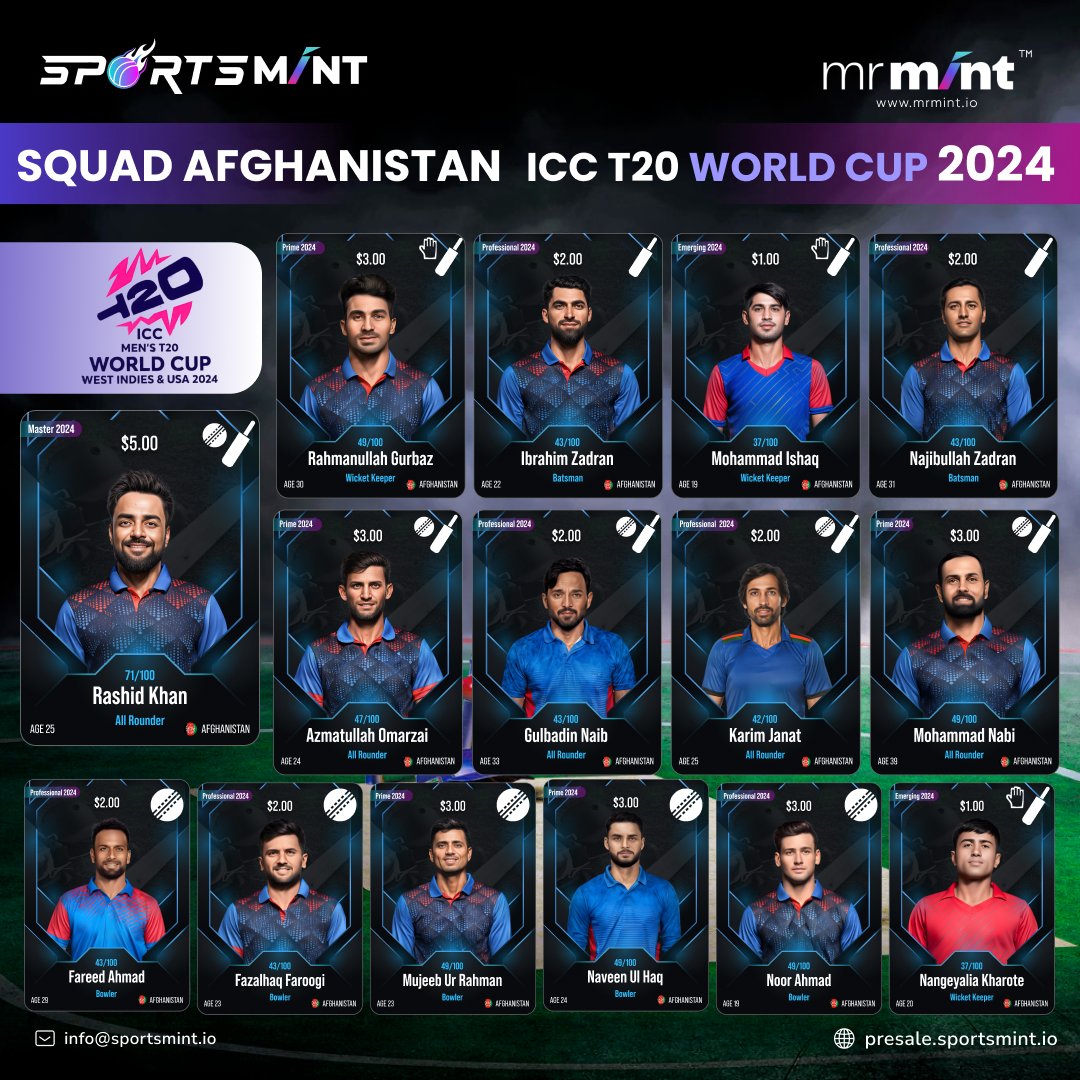 Create your own Club with “𝗧𝗵𝗲 𝗔𝗳𝗴𝗵𝗮𝗻𝘀” squad for the upcoming ICC T20 World Cup 2024.

Own your club now:🔗presale.sportsmint.io

#t20worldcupsquad #afghanistancricket #SportsMint #OwnYourClub #t20worldcup2024 #cricketgame #cricketnft #rashidkhan #web3gaming