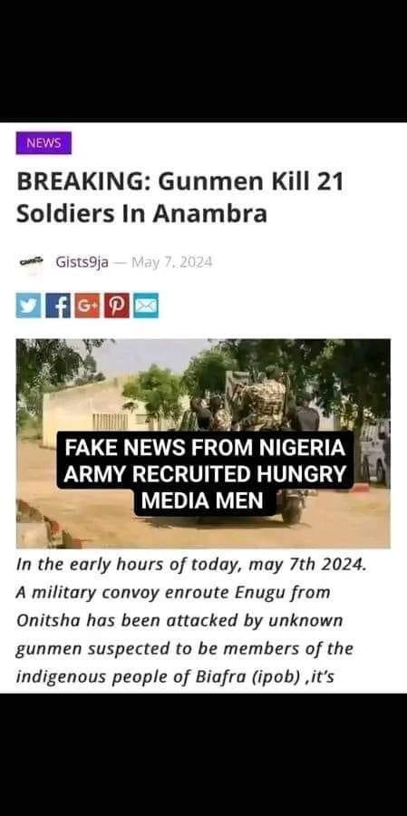Breaking ! Police and Nigeria military deny killing of 21 soldiers by #IPOB/#ESN gunmen in Anambra. Me- Their propaganda agents are trying to upgrade their game by carrying fake news against #IPOB/#ESN because Mazi Nnamdi Kanu’s case is getting closer .…