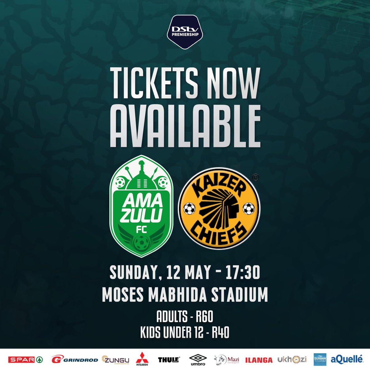 🟢 𝗧𝗜𝗖𝗞𝗘𝗧𝗦 𝗔𝗩𝗔𝗜𝗟𝗔𝗕𝗟𝗘 🎫 Get your tickets to our match against Kaizer Chiefs this Sunday, 12 May at Moses Mabhida Stadium. Join us at The Workshop at 1pm today to stand a chance to win tickets as well as other cool prizes. #Indlulamithi #HebeUsuthu