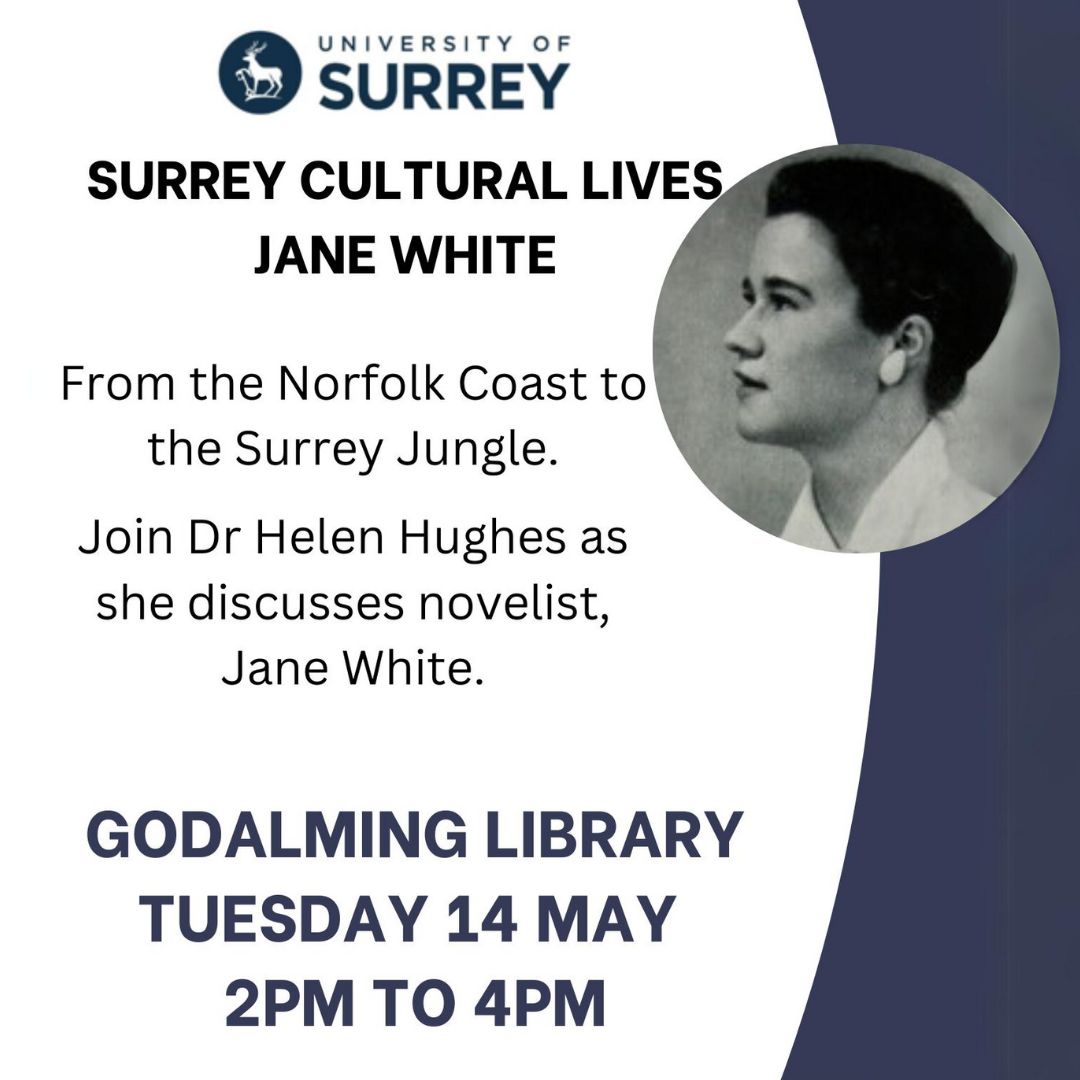 Jane White was a novelist and memoirist who lived in Godalming from 1967 to 1985, she based her first novel 'Quarry' here. Come and hear Dr Helen Hughes from the University of Surrey talk about her and her novel! Book your free ticket here eventbrite.co.uk/e/surrey-cultu… @SurreyLibraries
